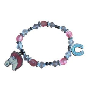 Horse Head and Horseshoe Charm Beaded Stretch Bracelet Pink Clear Equestrian